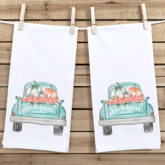 Fall Tea Towels, Set of 2, Blue Pumpkin Truck - Picture 1 of 2
